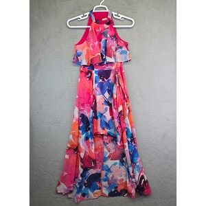Eliza J Maxi Dress Womens 2 Pink Floral Chiffon Boho Cottagecore‎ Fairy Romantic